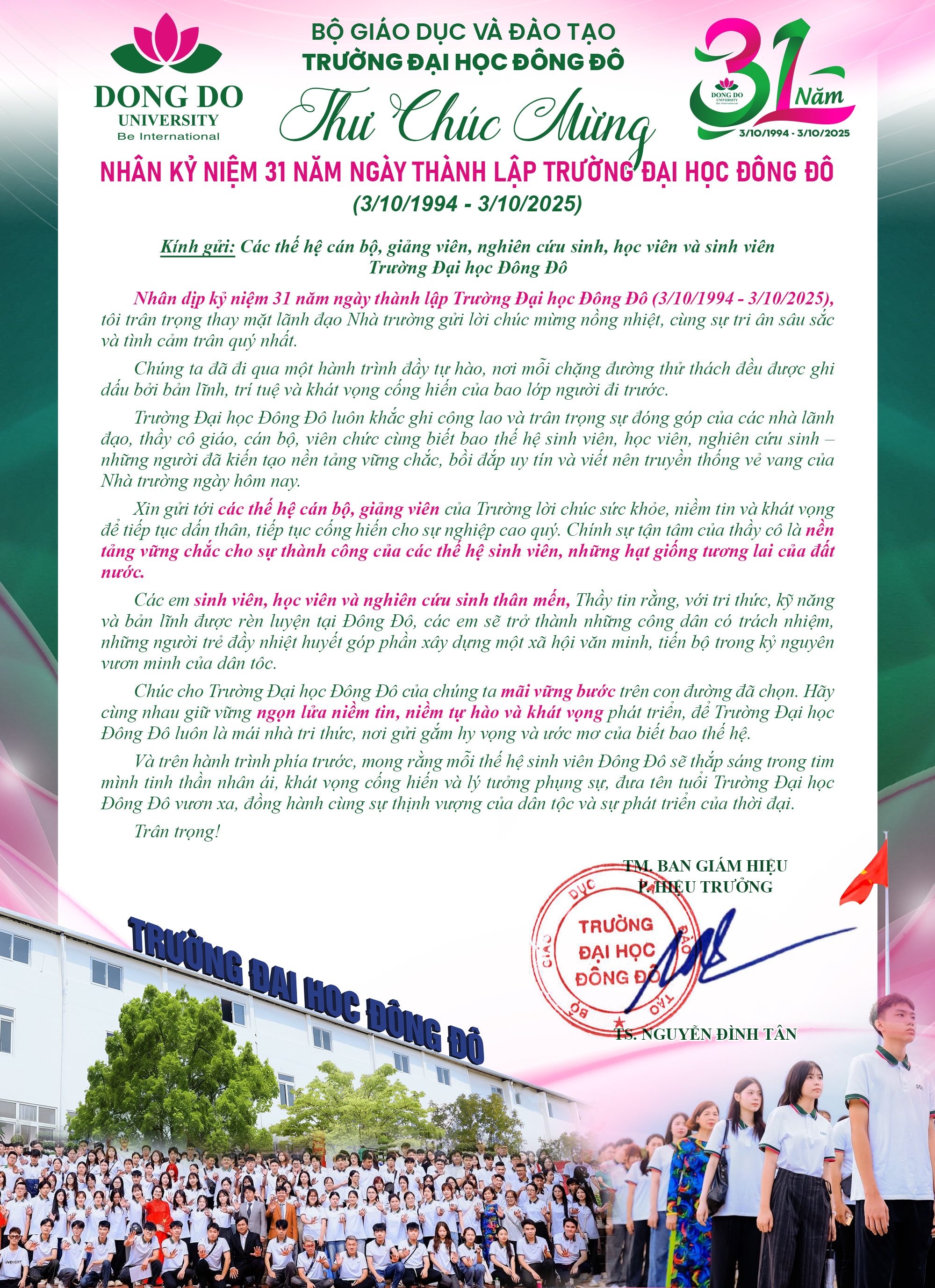 Thư chúc mừng  Nhân kỷ niệm 31 năm ngày thành lập Trường Đại học Đông Đô 03/10/1994 - 03/10/2025